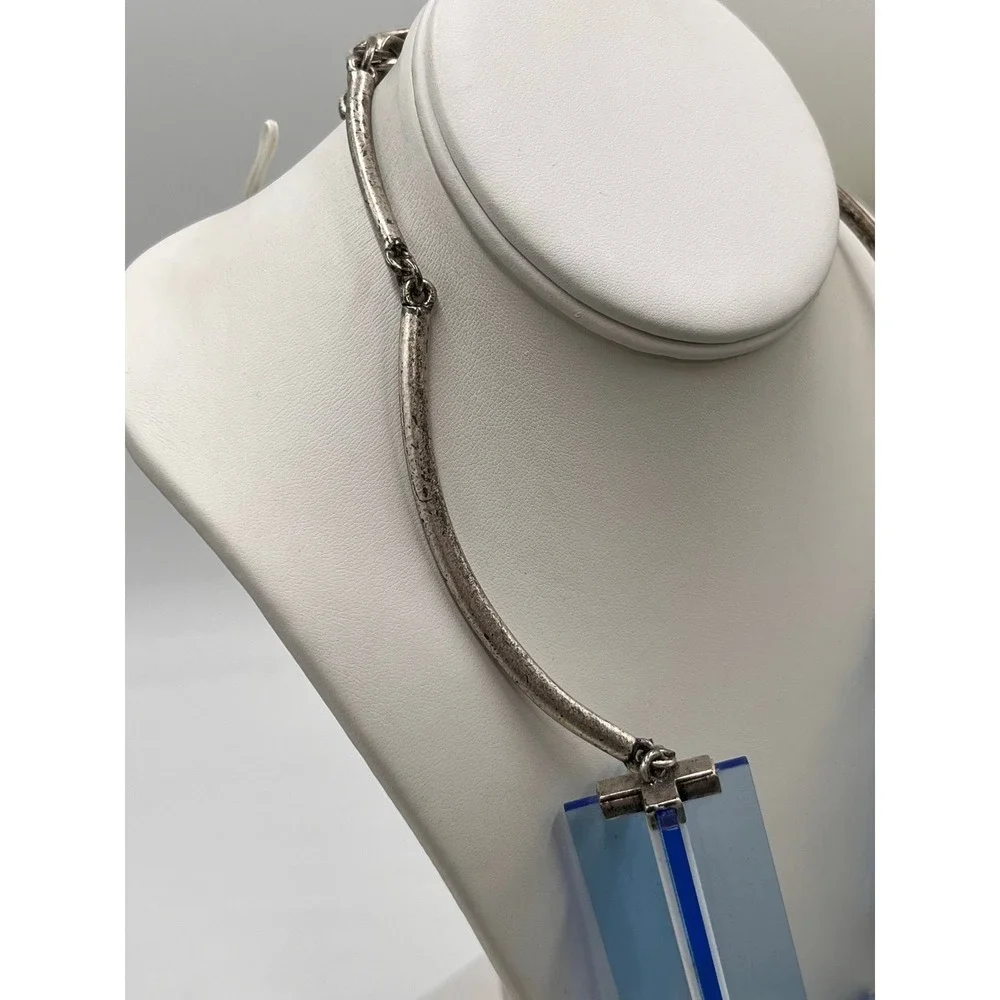 Lela Rose Rectangle Lucite Blue Antique Silver Tone Collar Statement Necklace